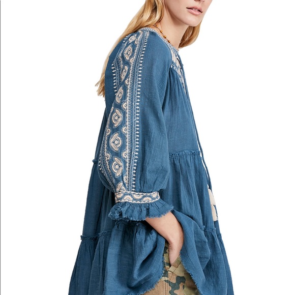 Sold❗️FREE PEOPLE embroidered teal tunic top - Picture 2 of 4